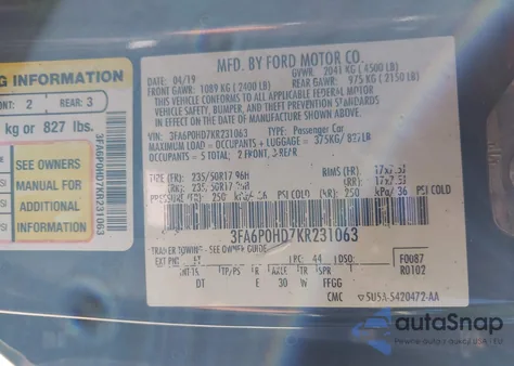 2019 Ford Fusion Se z USA, uszkodzony, nr VIN 3FA6P0HD7KR231063